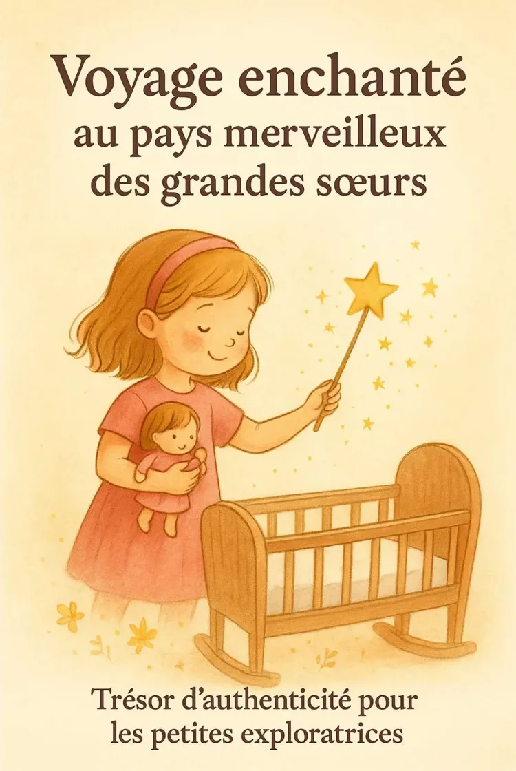 Couverture de Voyage enchanté au pays merveilleux des grandes sœurs : une petite fille avec une baguette magique près d'un berceau