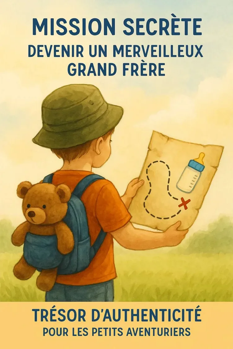 Couverture de Mission secrète, devenir un merveilleux grand frère : un petit garçon avec un ours en peluche lit une carte au trésor