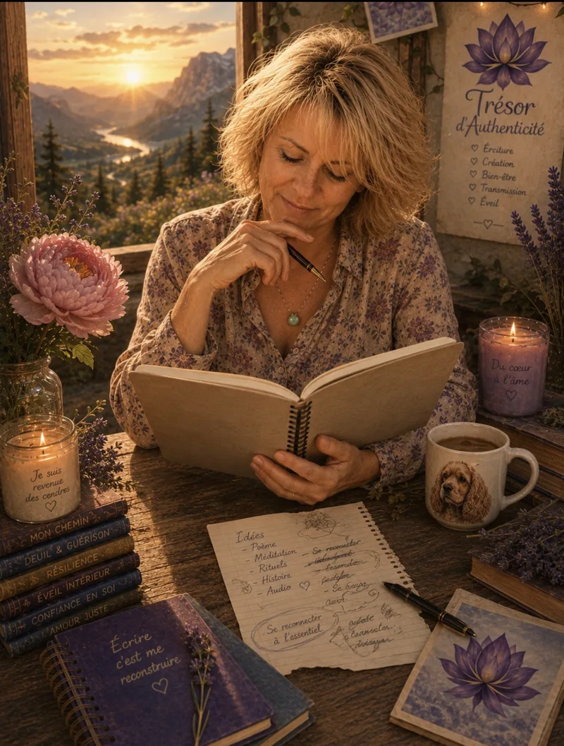 Illustration : une femme écrit dans un carnet, entourée de lavande, de bougies et de livres, face à un coucher de soleil sur la montagne