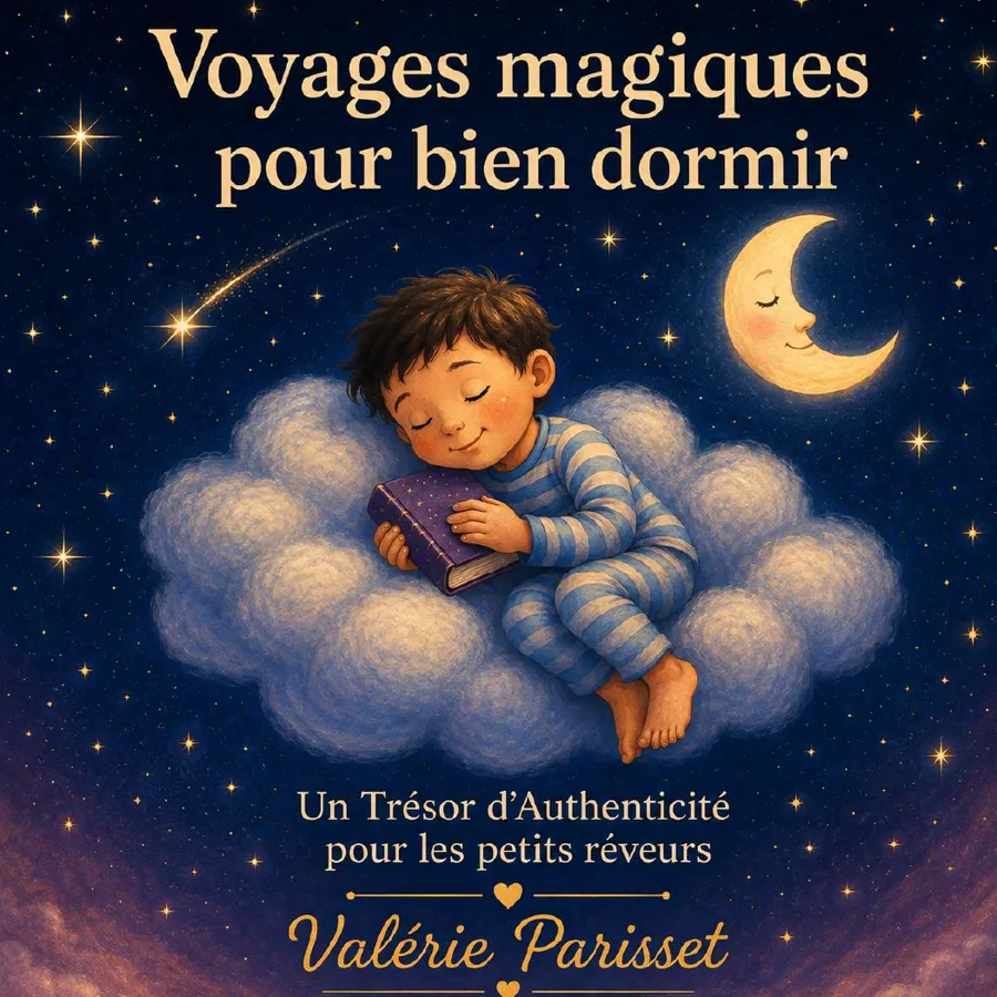 Couverture de Voyages magiques pour bien dormir, version garçon : un petit garçon endormi sur un nuage, un livre dans les bras